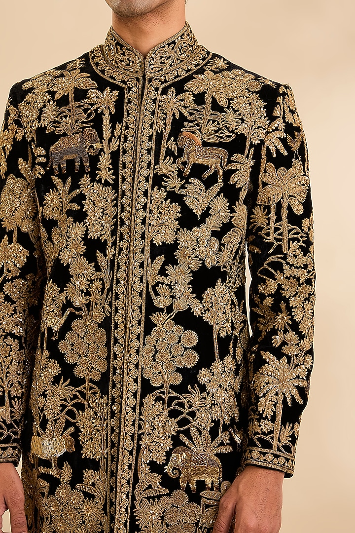 Black Velvet Groom Sherwani by Rohit Bal Men at Pernia's Pop Up Shop