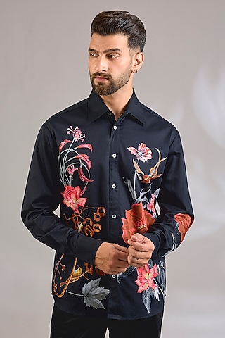 Black Poplin Shirt by Rohit Bal Men