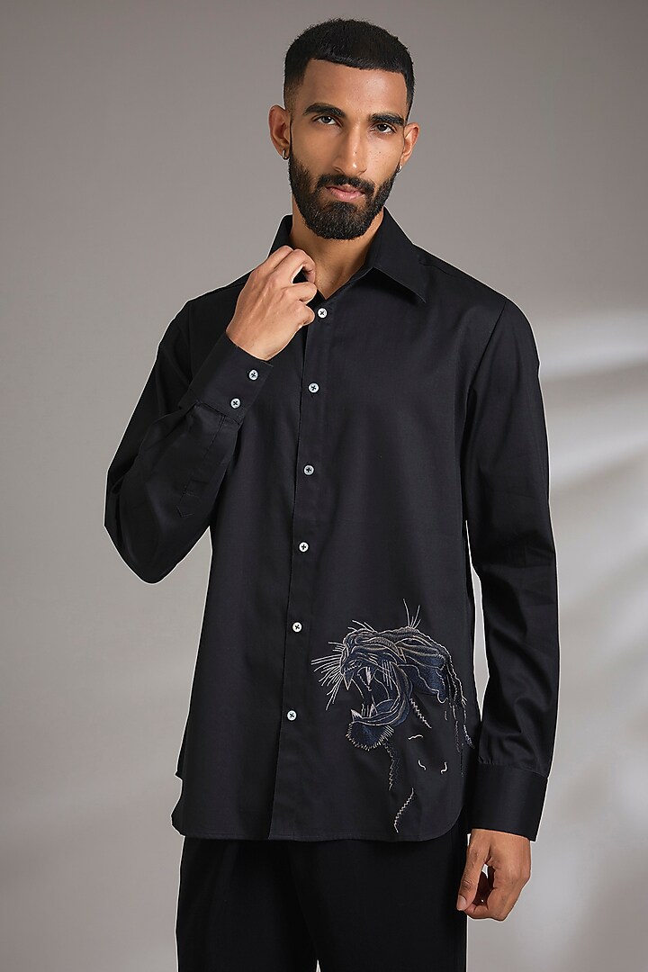 Black Poplin Wedding Shirt by Rohit Bal Men at Pernia's Pop Up Shop