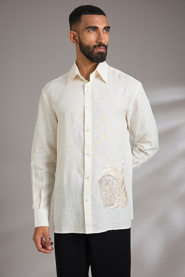 Ivory Linen Wedding Shirt by Rohit Bal Men at Pernia's Pop Up Shop
