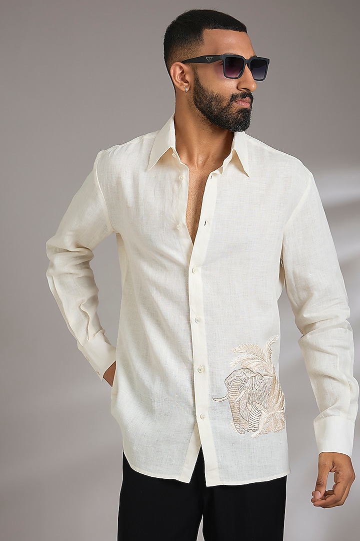 Ivory Linen Wedding Shirt by Rohit Bal Men at Pernia's Pop Up Shop