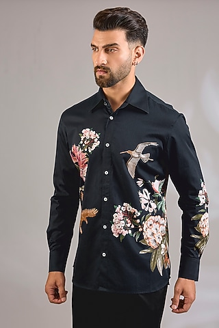 Black Poplin Shirt by Rohit Bal Men