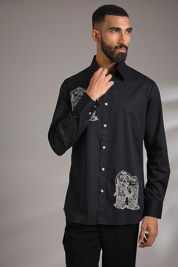 Black Poplin Wedding Shirt by Rohit Bal Men at Pernia's Pop Up Shop