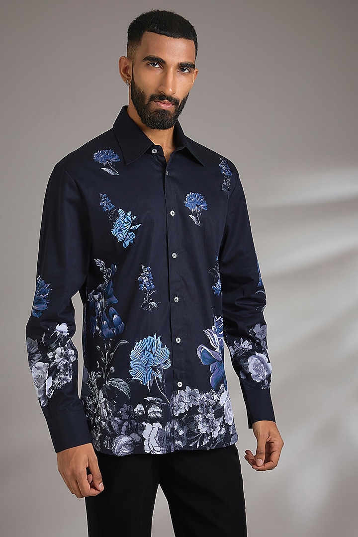 Indigo Poplin Party Wear Shirt by Rohit Bal Men at Pernia's Pop Up Shop