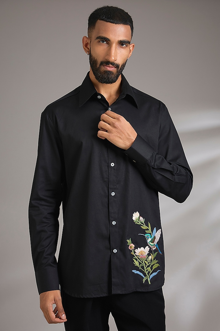 Black Poplin Wedding Shirt by Rohit Bal Men at Pernia's Pop Up Shop