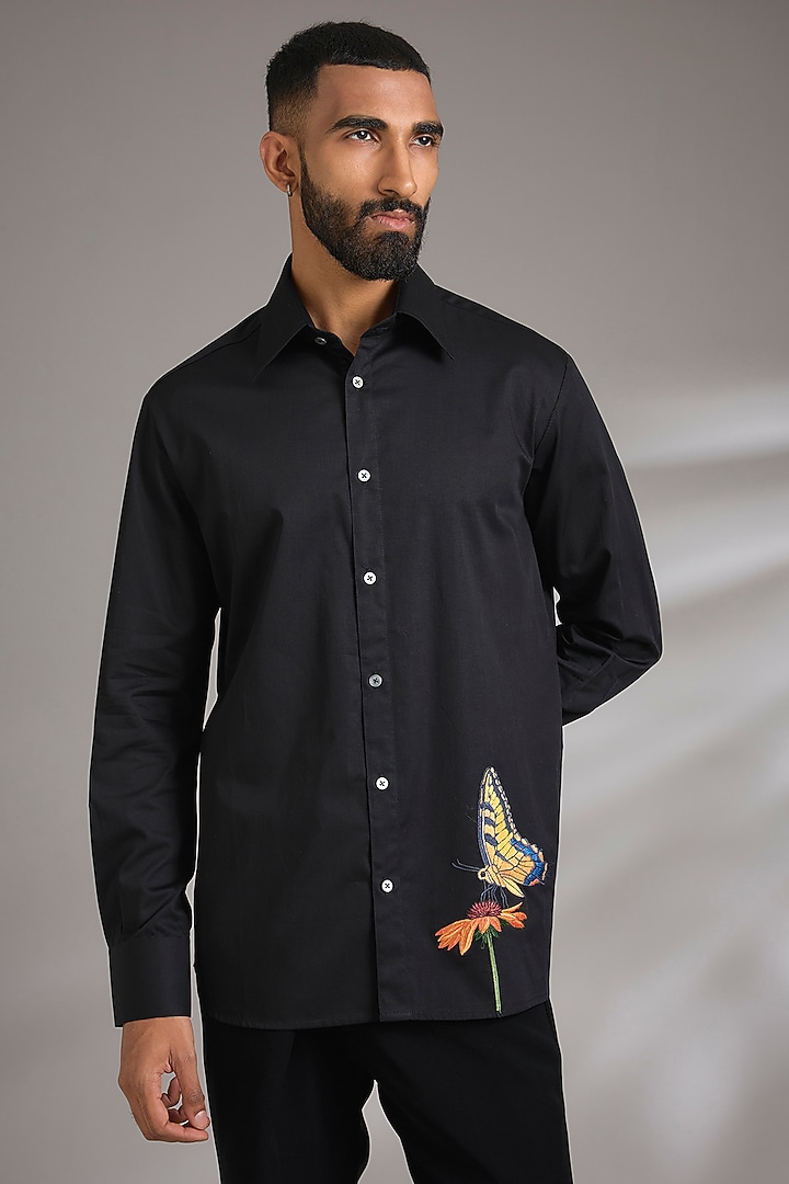 Black Poplin Wedding Shirt by Rohit Bal Men at Pernia's Pop Up Shop