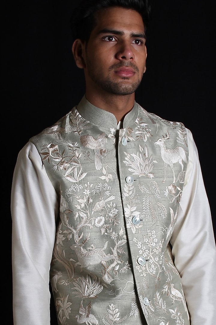 Mint Green Dupion Silk Embroidered Bundi Jacket by Rohit Bal Men at Pernia's Pop Up Shop