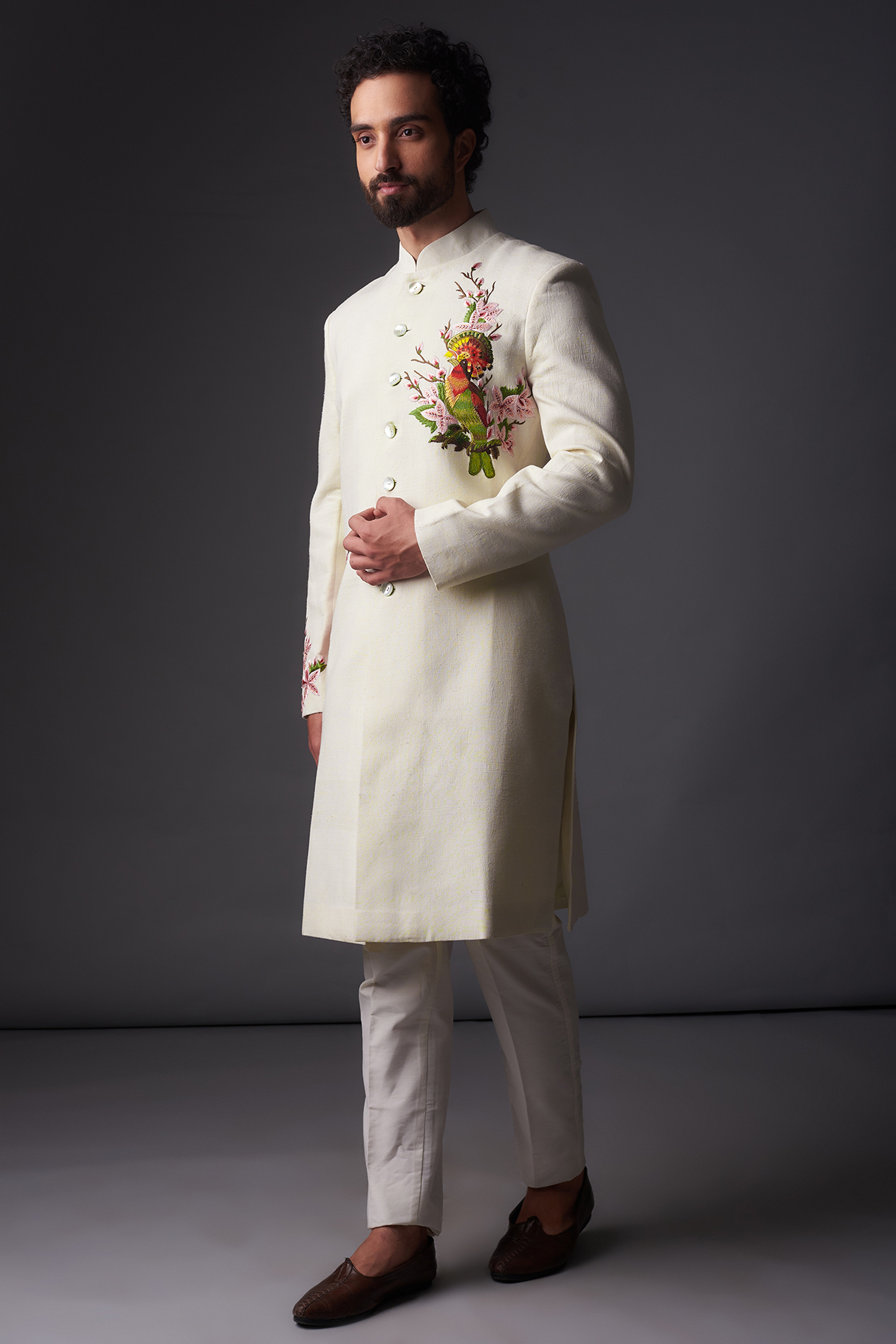 Ivory Matka Silk Resham Embroidered Sherwani by Rohit Bal Men