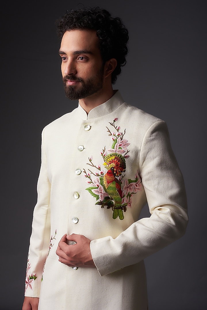 Ivory Matka Silk Resham Embroidered Groom Sherwani by Rohit Bal Men at Pernia's Pop Up Shop