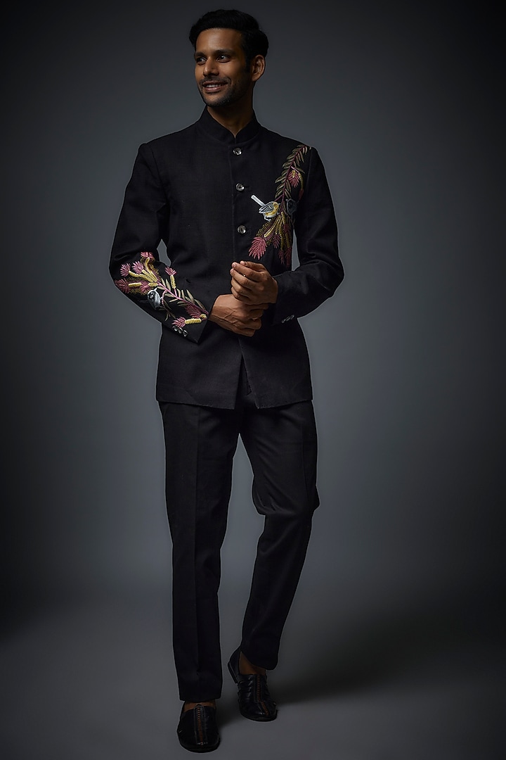 Black Matka Silk Floral Embroidered Groom Bandhgala Set by Rohit Bal Men at Pernia's Pop Up Shop