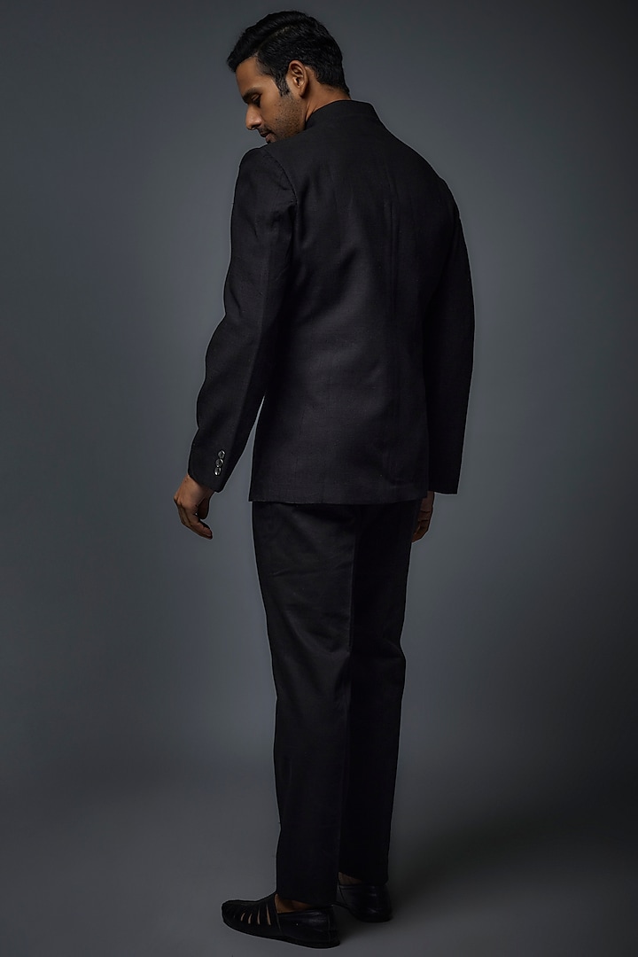 Black Matka Silk Floral Embroidered Groom Bandhgala Set by Rohit Bal Men at Pernia's Pop Up Shop