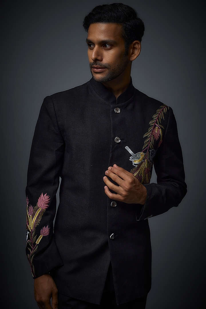 Black Matka Silk Floral Embroidered Groom Bandhgala Set by Rohit Bal Men at Pernia's Pop Up Shop