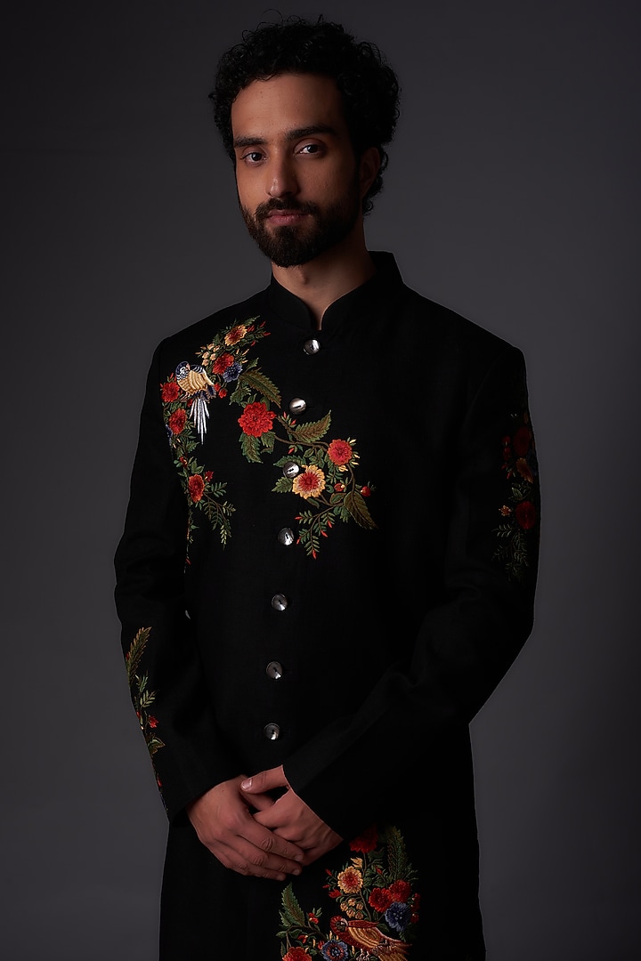 Black Matka Silk Floral Embroidered Groom Sherwani by Rohit Bal Men at Pernia's Pop Up Shop