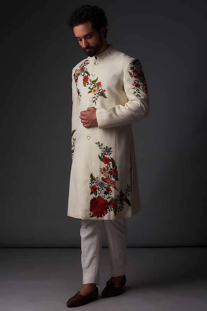 Ivory Matka Silk Floral Embroidered Sherwani by Rohit Bal Men