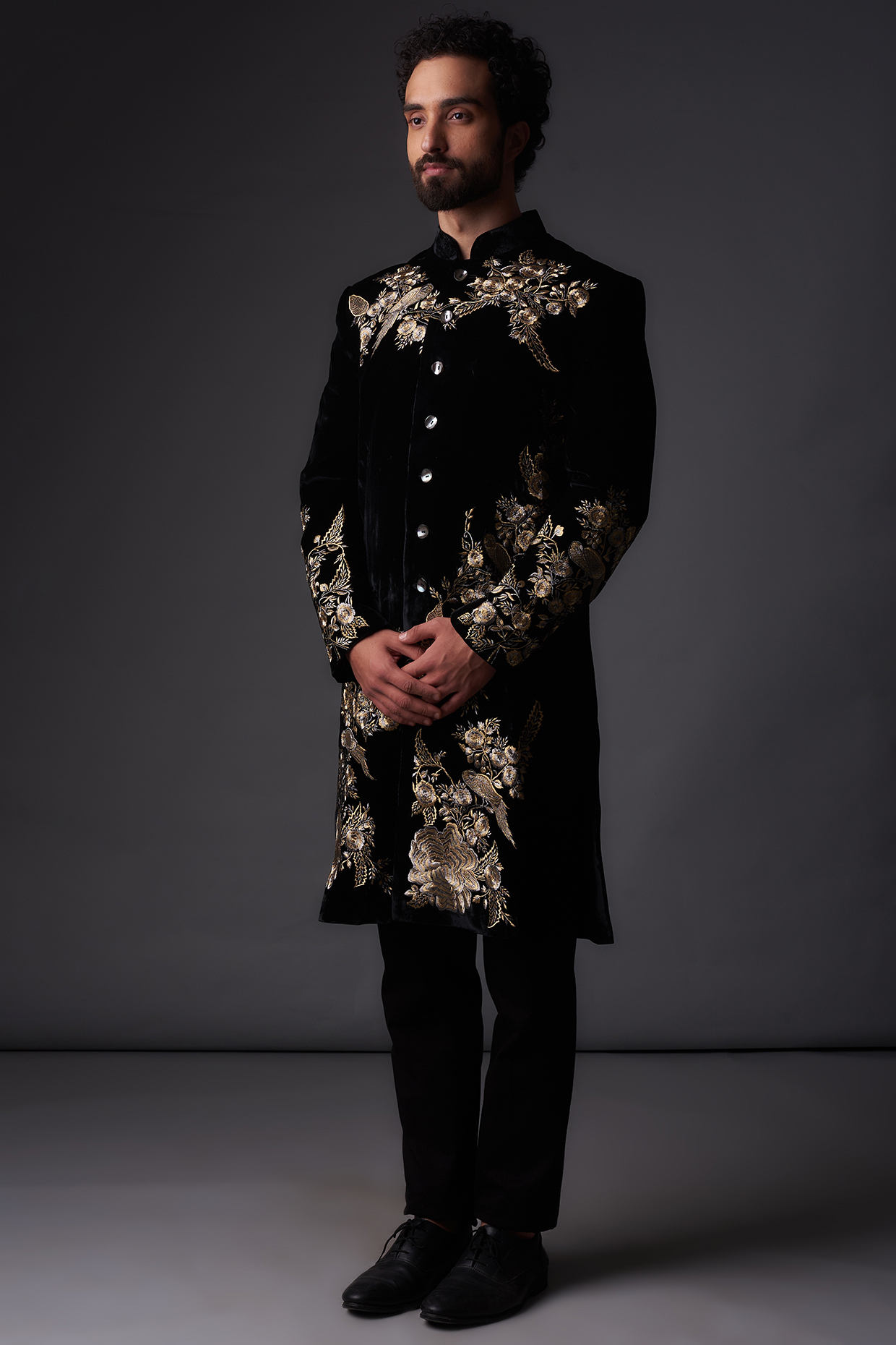 Black Chanderi Silk Gold Zari Embroidered Sherwani by Rohit Bal Men