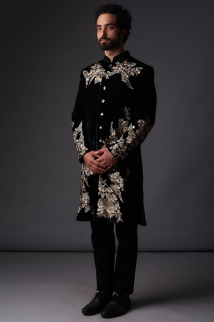 Black Chanderi Silk Gold Zari Embroidered Sherwani by Rohit Bal Men