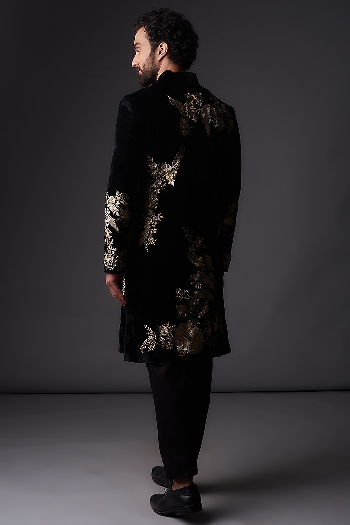 Black Chanderi Silk Gold Zari Embroidered Groom Sherwani by Rohit Bal Men at Pernia's Pop Up Shop