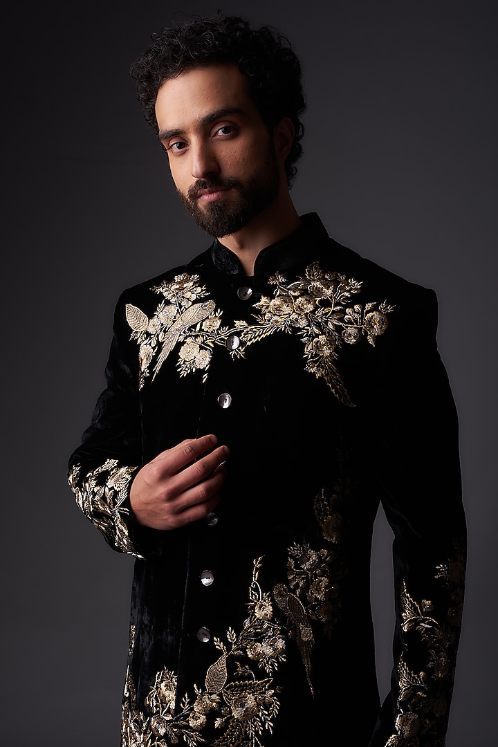 Black Chanderi Silk Gold Zari Embroidered Groom Sherwani by Rohit Bal Men at Pernia's Pop Up Shop