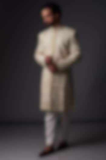 Ivory Matka Silk Gold Zari Embroidered Sherwani by Rohit Bal Men