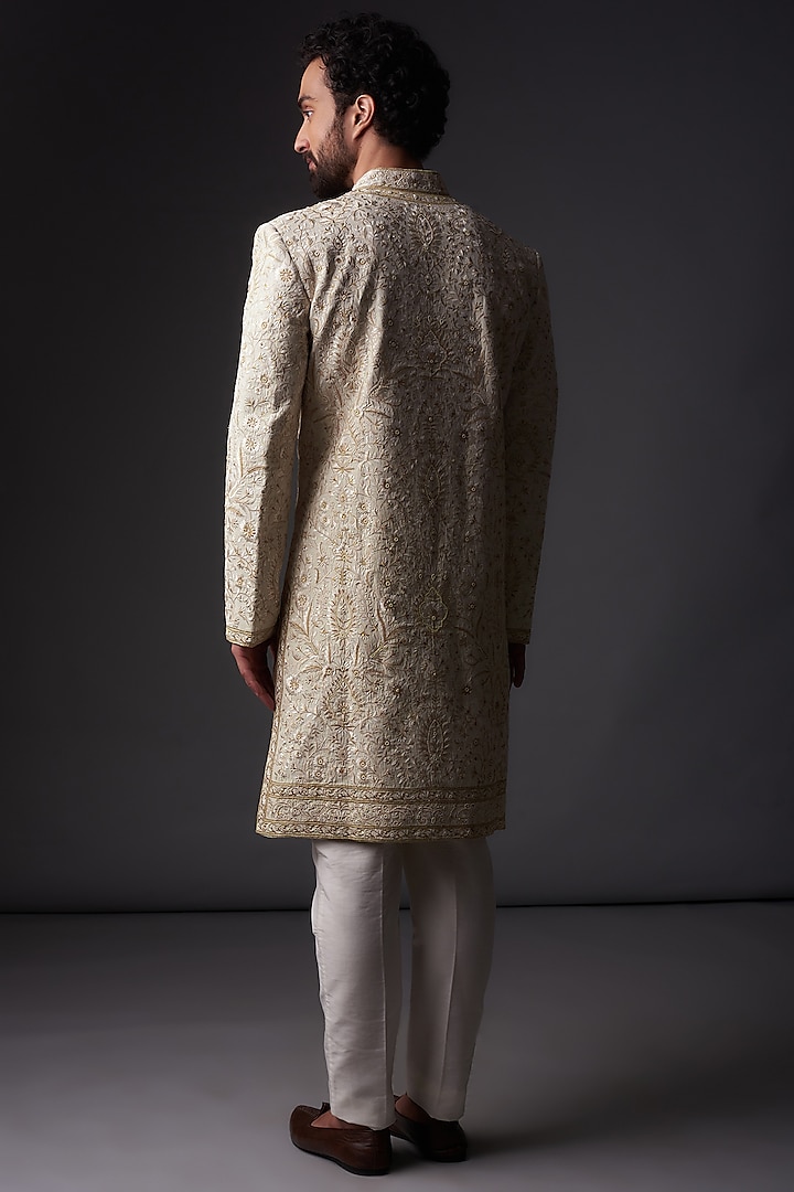 Ivory Matka Silk Gold Zari Embroidered Groom Sherwani by Rohit Bal Men at Pernia's Pop Up Shop