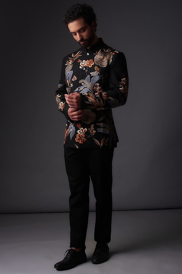 Black Matka Silk Resham Embroidered Bandhgala Jacket Set by Rohit Bal Men