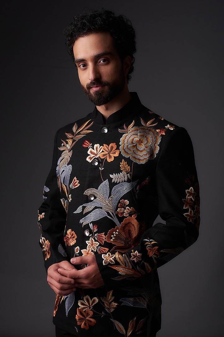 Black Matka Silk Resham Embroidered Groom Bandhgala Jacket Set by Rohit Bal Men at Pernia's Pop Up Shop