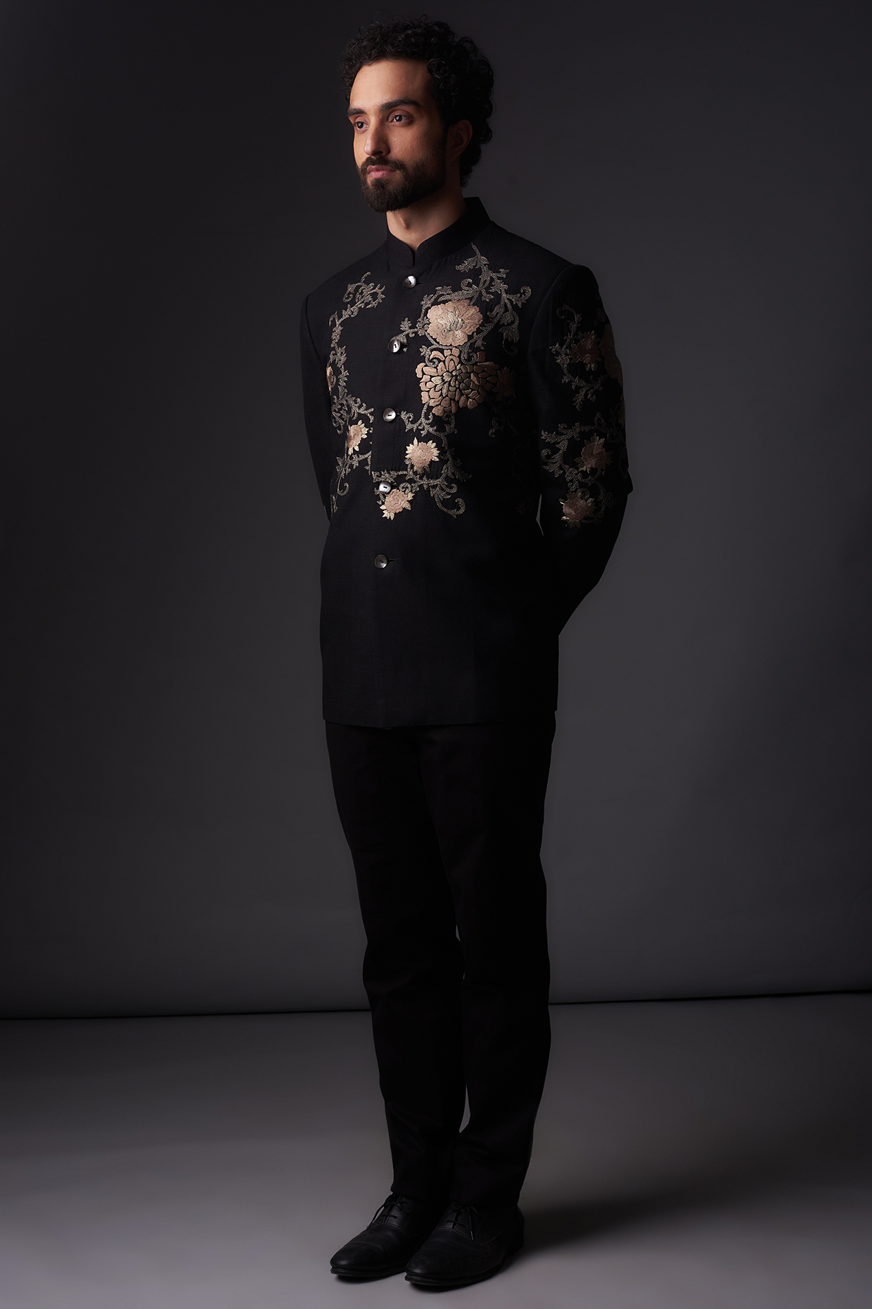 Black Matka Silk Floral Embroidered Bandhgala Jacket by Rohit Bal Men
