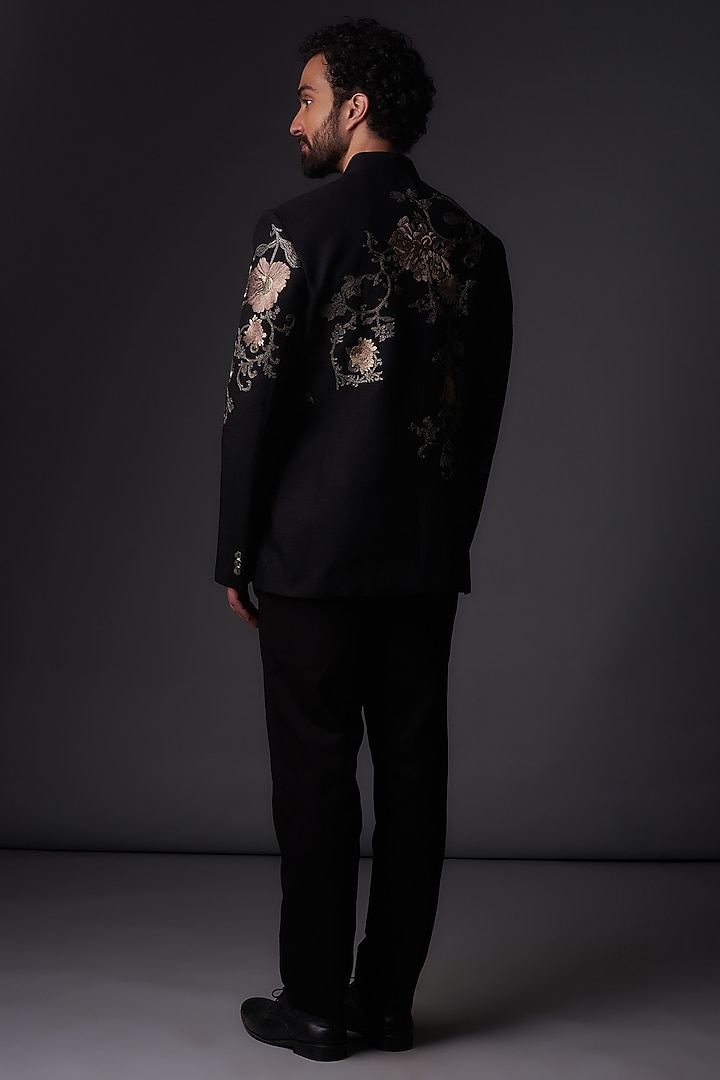 Black Matka Silk Floral Embroidered Groom Bandhgala Jacket by Rohit Bal Men at Pernia's Pop Up Shop