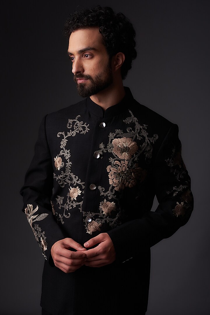 Black Matka Silk Floral Embroidered Groom Bandhgala Jacket by Rohit Bal Men at Pernia's Pop Up Shop