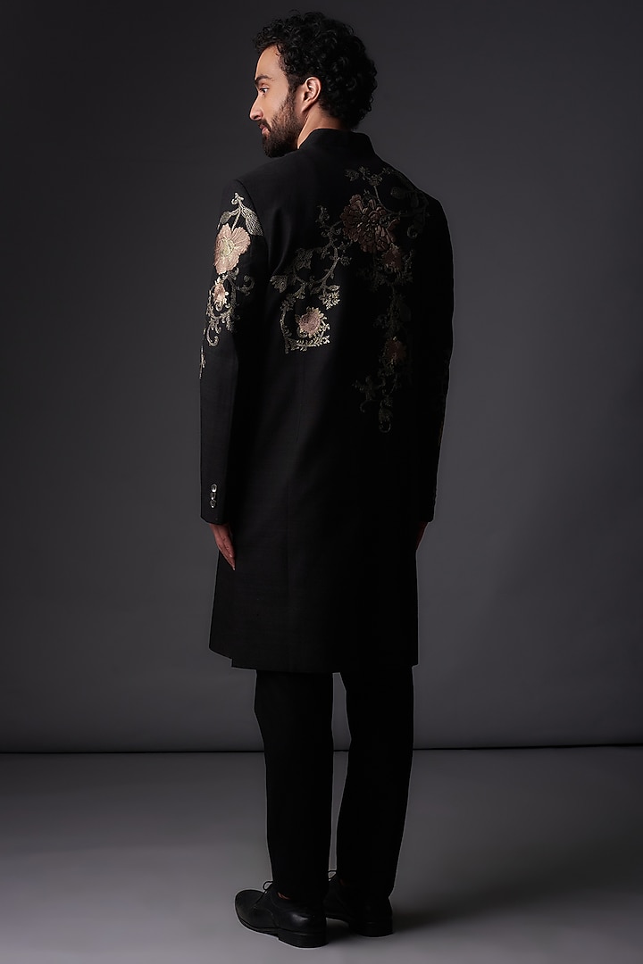 Black Matka Silk Floral Embroidered Groom Sherwani by Rohit Bal Men at Pernia's Pop Up Shop