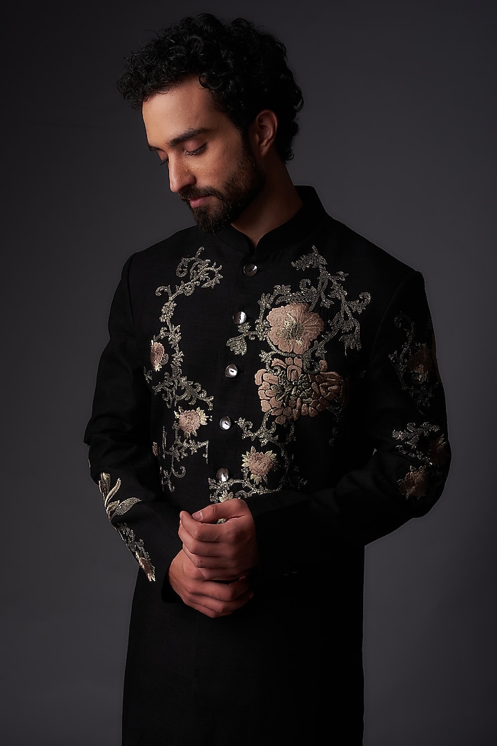 Black Matka Silk Floral Embroidered Groom Sherwani by Rohit Bal Men at Pernia's Pop Up Shop
