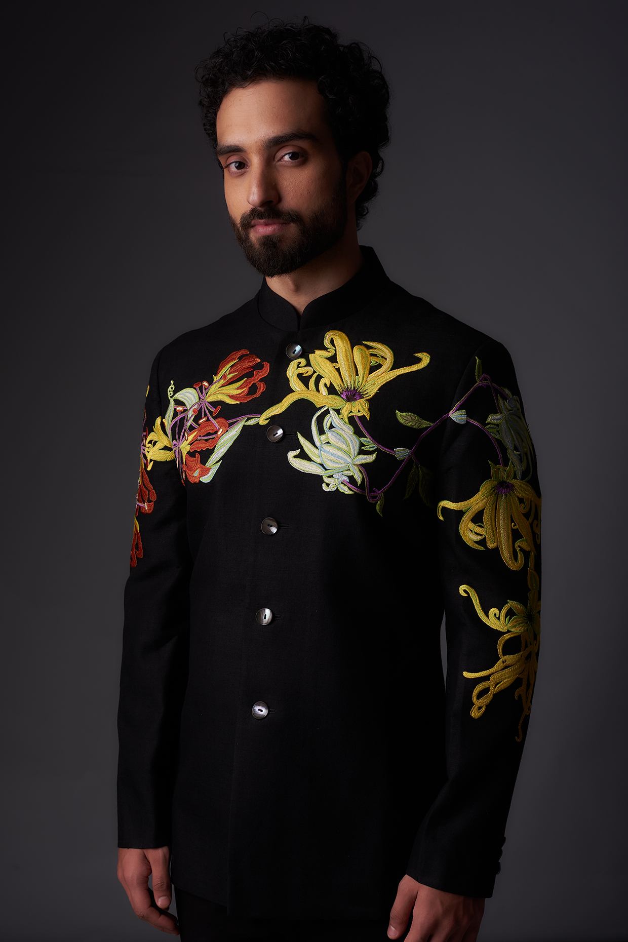 Black Matka Silk Resham Embroidered Bandhgala Jacket by Rohit Bal Men
