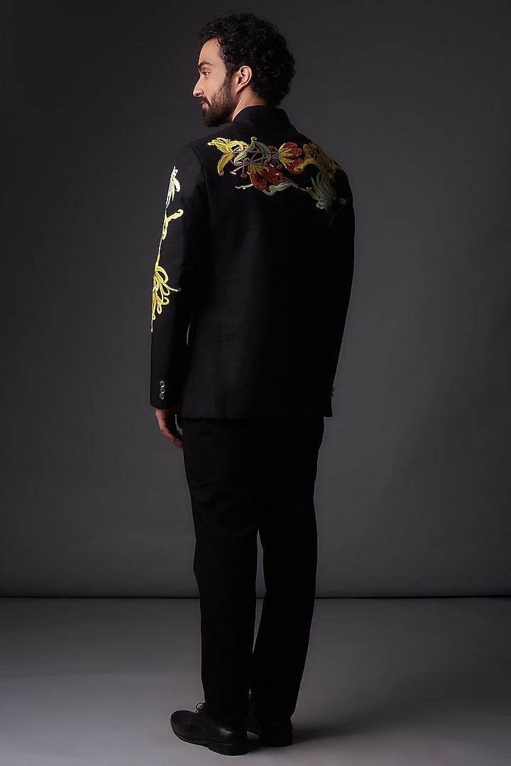 Black Matka Silk Resham Embroidered Groom Bandhgala Jacket by Rohit Bal Men at Pernia's Pop Up Shop