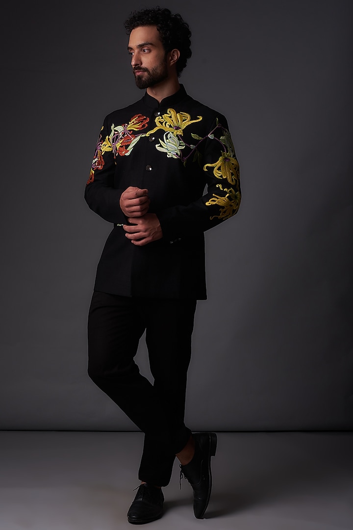 Black Matka Silk Resham Embroidered Groom Bandhgala Jacket by Rohit Bal Men at Pernia's Pop Up Shop