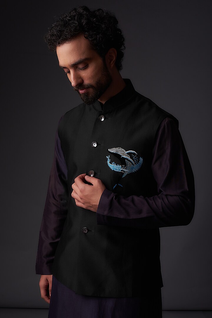 Black Chanderi Silk Applique Embroidered Nehru Jacket by Rohit Bal Men