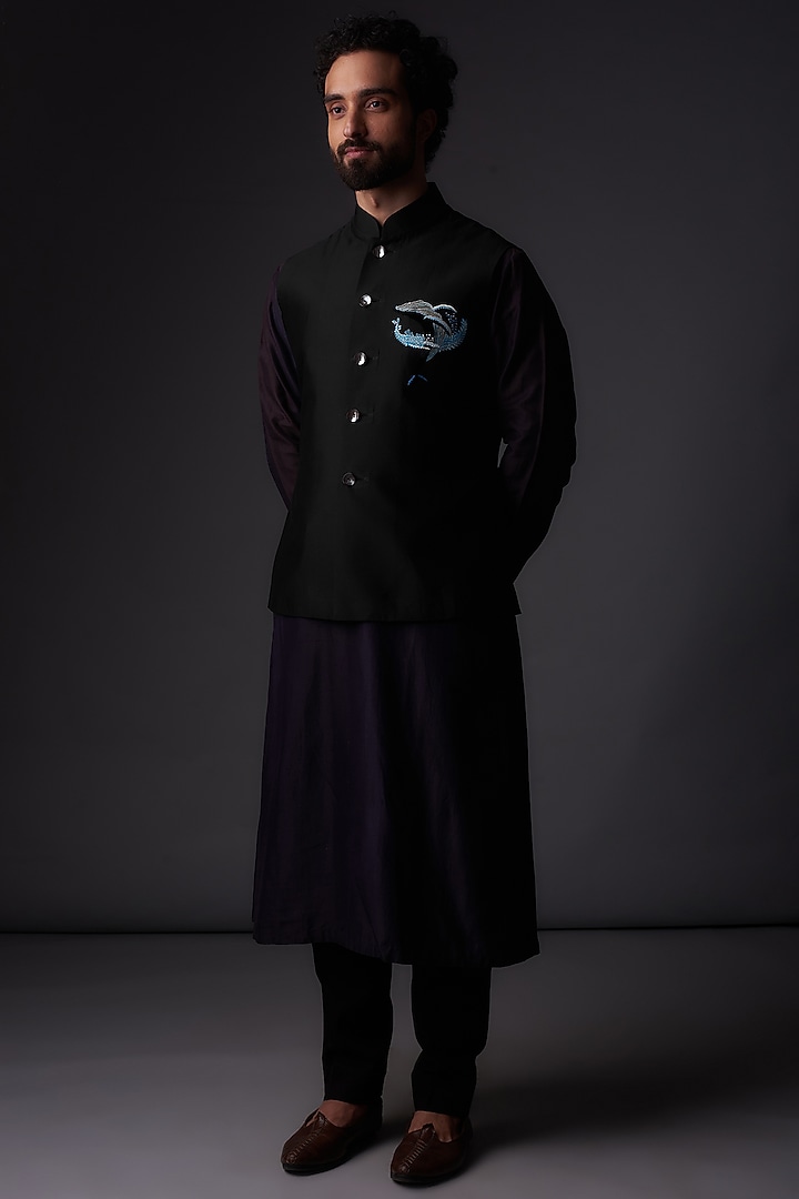 Black Chanderi Silk Applique Embroidered Nehru Jacket by Rohit Bal Men at Pernia's Pop Up Shop