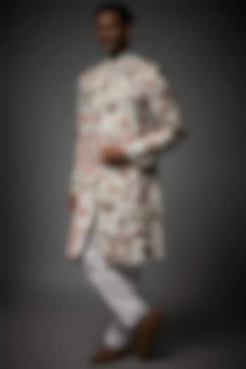 Ivory Matka Silk Machine Embroidered Sherwani by Rohit Bal Men
