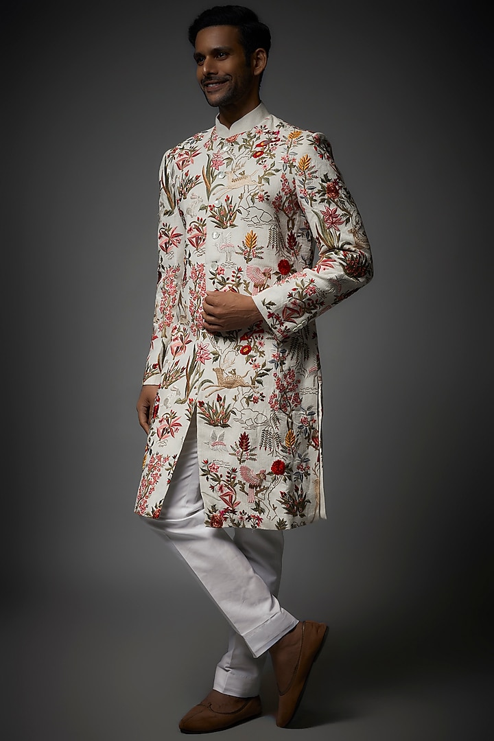 Ivory Matka Silk Machine Embroidered Sherwani by Rohit Bal Men
