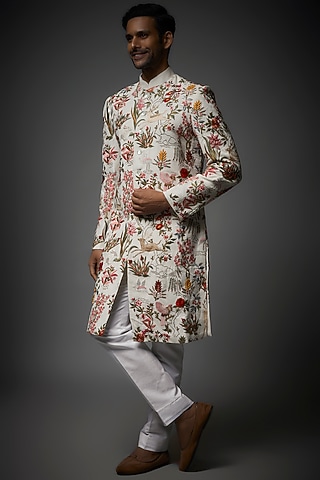 Ivory Matka Silk Machine Embroidered Sherwani by Rohit Bal Men
