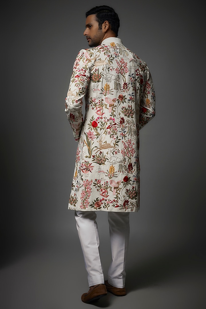 Ivory Matka Silk Machine Embroidered Groom Sherwani by Rohit Bal Men at Pernia's Pop Up Shop
