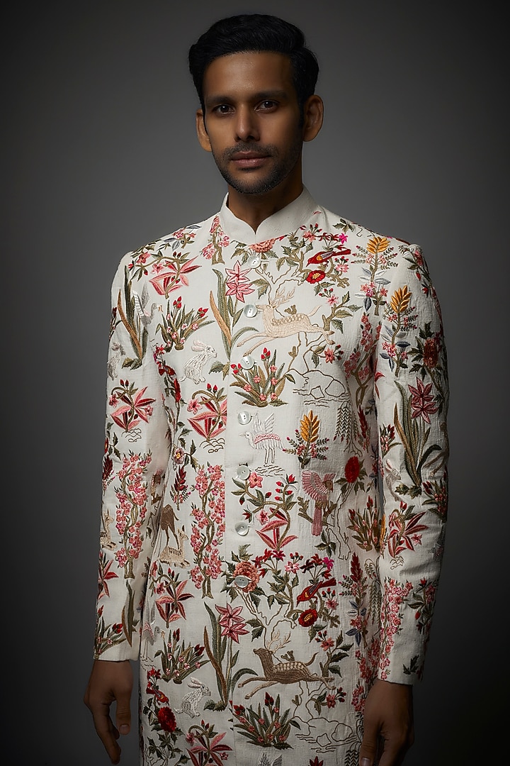 Ivory Matka Silk Machine Embroidered Groom Sherwani by Rohit Bal Men at Pernia's Pop Up Shop