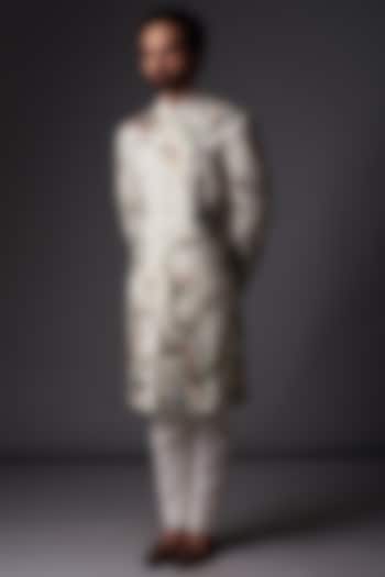 Ivory Matka Silk Resham Embroidered Sherwani by Rohit Bal Men