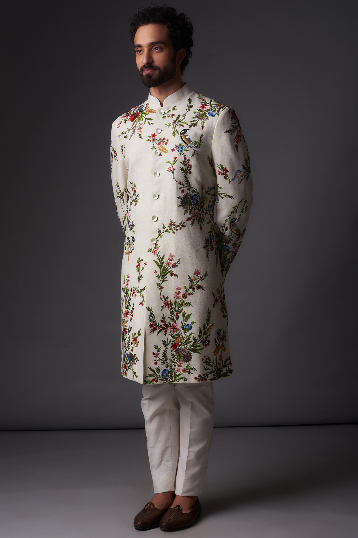 Ivory Matka Silk Resham Embroidered Sherwani by Rohit Bal Men