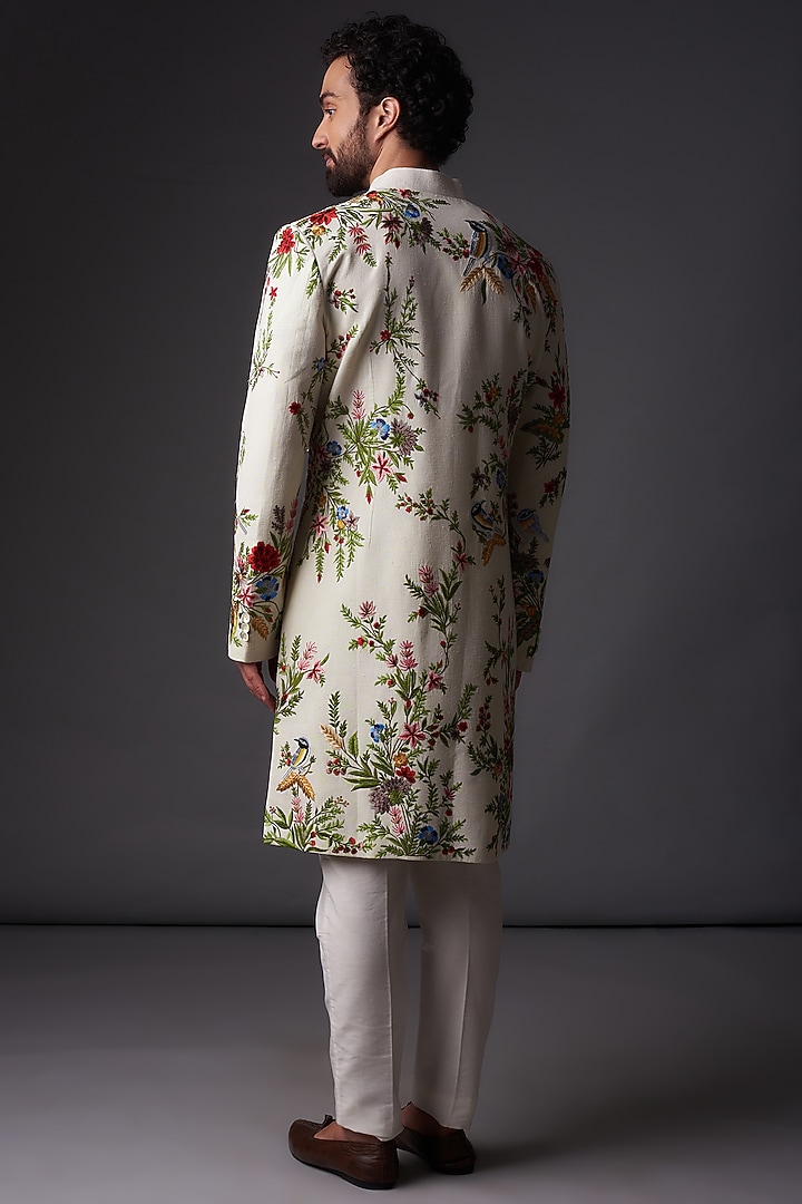Ivory Matka Silk Resham Embroidered Groom Sherwani by Rohit Bal Men at Pernia's Pop Up Shop