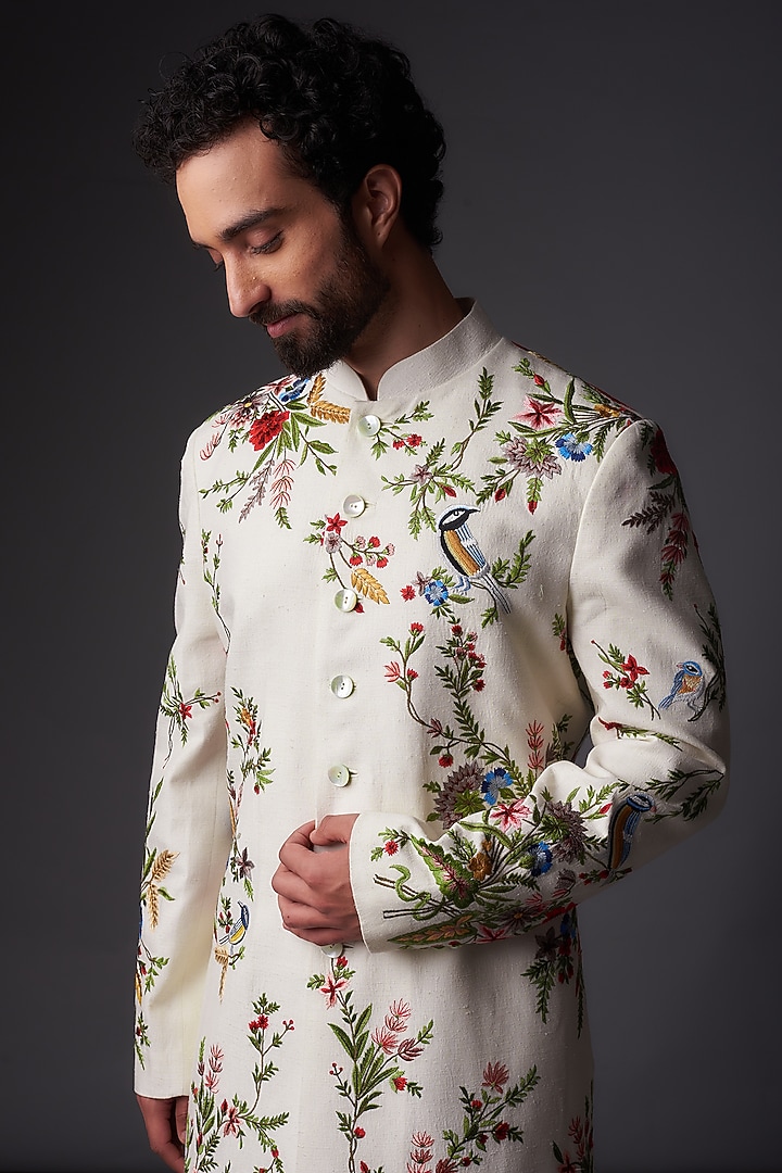 Ivory Matka Silk Resham Embroidered Groom Sherwani by Rohit Bal Men at Pernia's Pop Up Shop