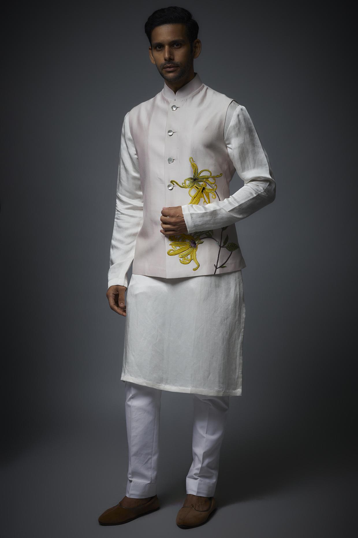 Pink Linen Hand Embroidered Nehru Jacket by Rohit Bal Men