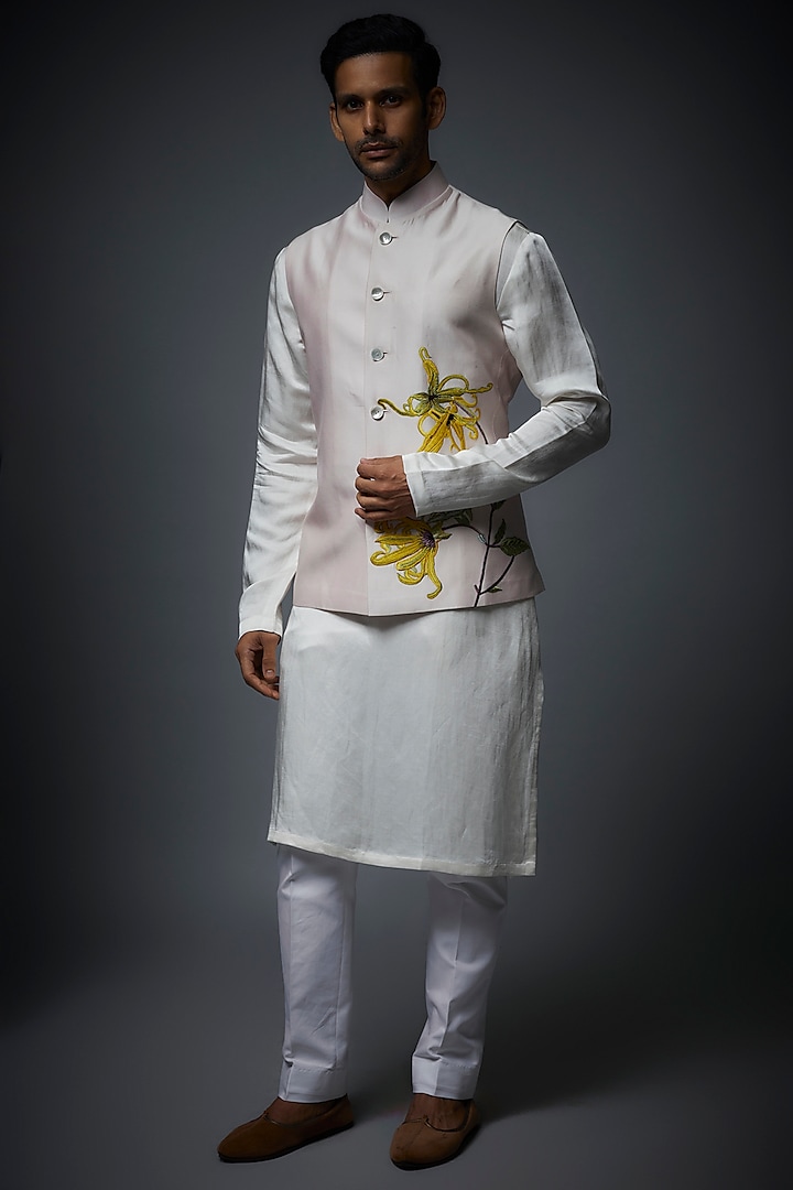 Pink Linen Hand Embroidered Nehru Jacket by Rohit Bal Men