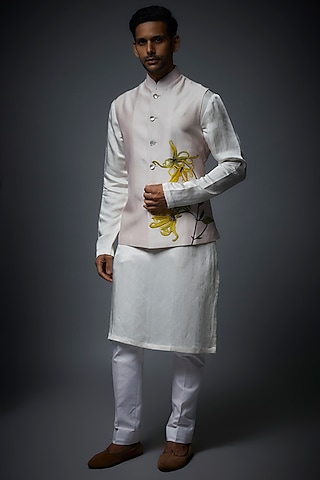 Pink Linen Hand Embroidered Nehru Jacket by Rohit Bal Men