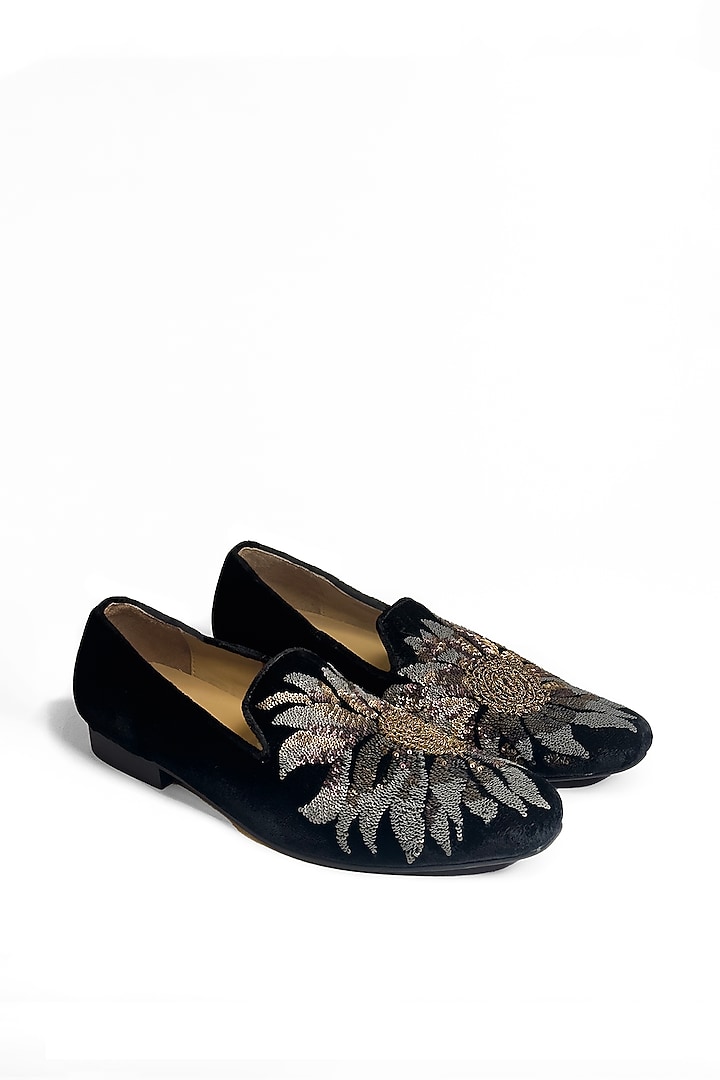 Black Velvet Floral Sequins Embroidered Slip-On Shoes by Rohit Bal Men