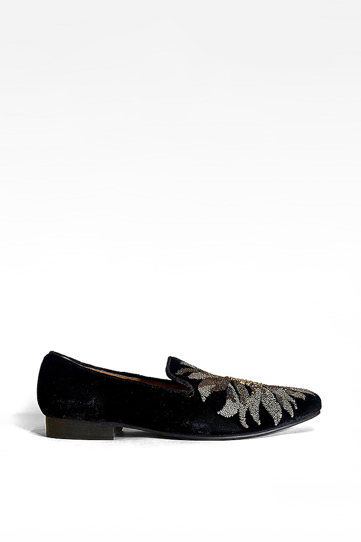 Black Velvet Floral Sequins Embroidered Slip-On Shoes by Rohit Bal Men at Pernia's Pop Up Shop